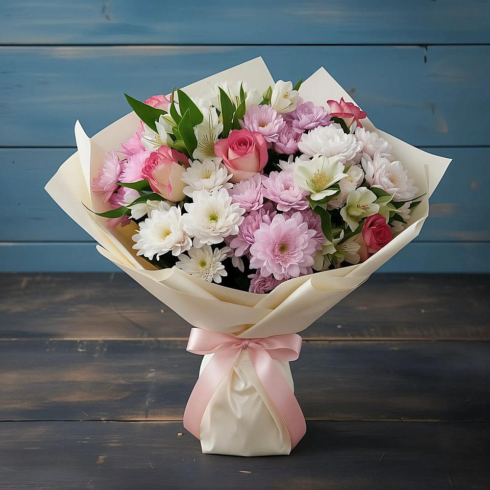 Букет цветов из: Хризантемы, Альстромерии и Розы в Полтавской